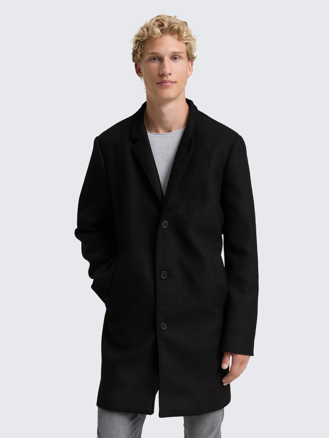 Thumbnail - TOM TAILOR DENIM Herren Mantel in Woll-Optik, schwarz, Uni, Gr. XXL