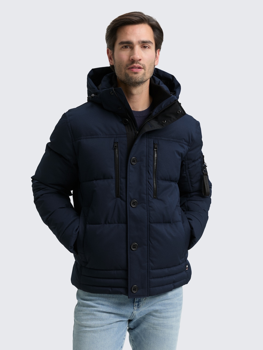 Thumbnail - TOM TAILOR Herren Puffer-Jacke mit abnehmbarer Kapuze, blau, Uni, Gr. L