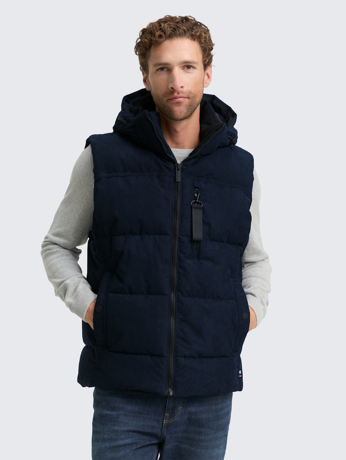 Thumbnail - TOM TAILOR Herren Puffer Weste mit abnehmbarer Kapuze, blau, Uni, Gr. M
