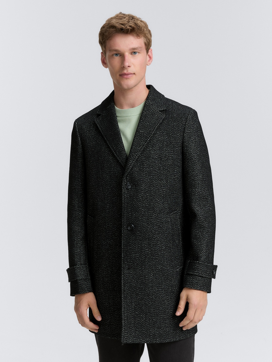 Thumbnail - TOM TAILOR Herren Wollmantel mit Reverskragen, schwarz, Meliert, Gr. L