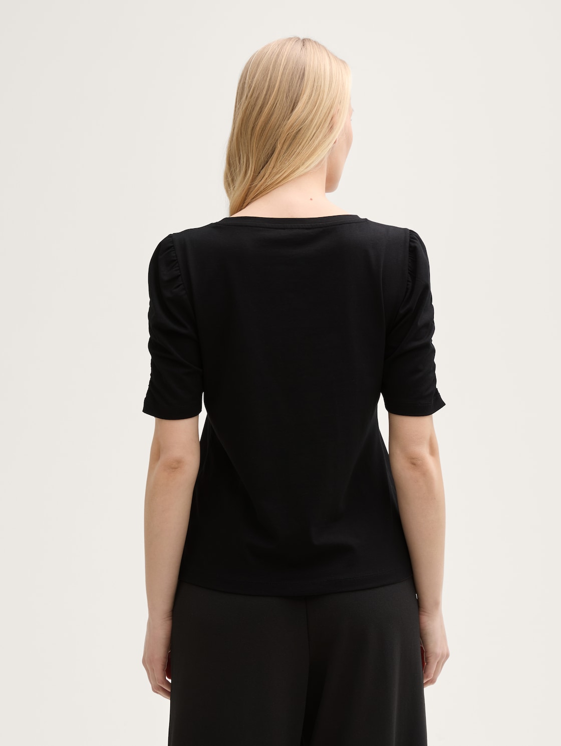 Thumbnail - TOM TAILOR Damen T-Shirt mit Raffärmeln, schwarz, Uni, Gr. S