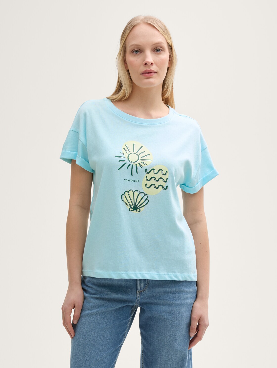 Thumbnail - TOM TAILOR Damen T-Shirt mit Print, blau, Uni, Gr. M