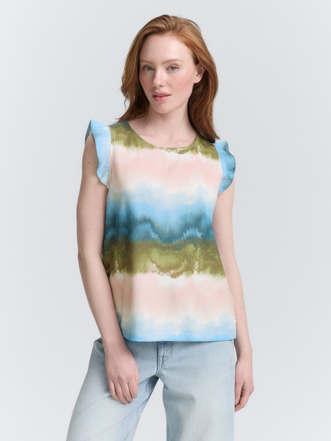 Thumbnail - TOM TAILOR DENIM Damen Loose Fit Top mit Volantärmeln, blau, Farbverlauf, Gr. M