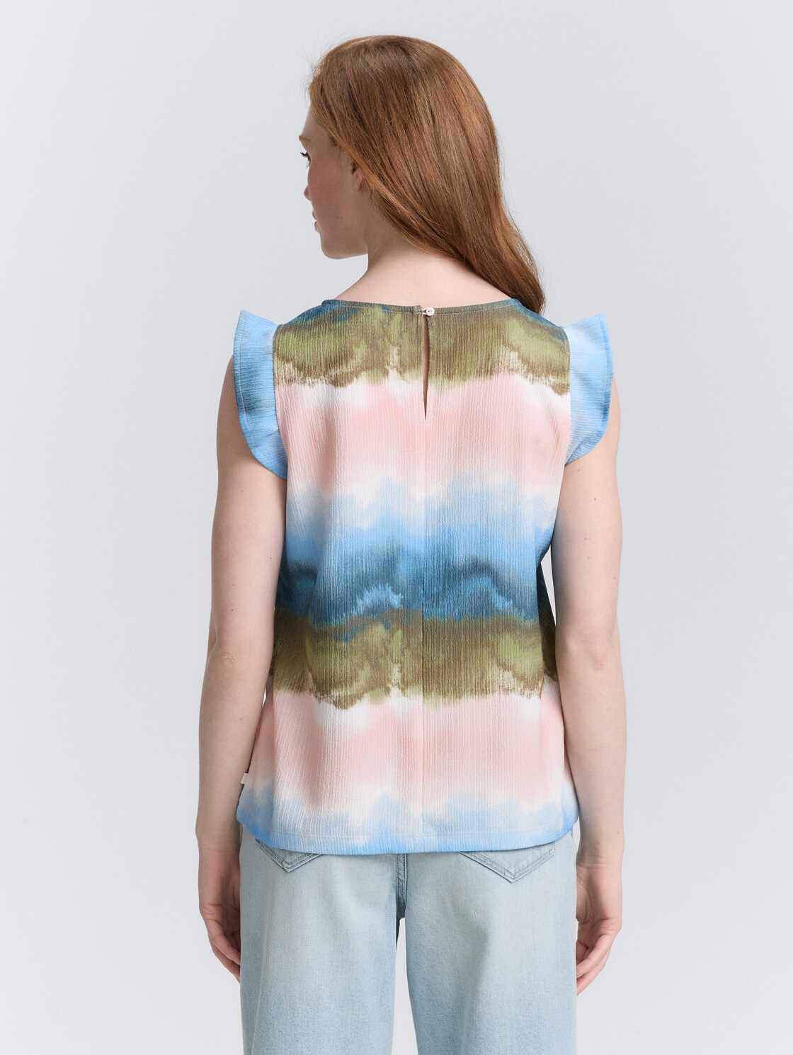 Thumbnail - TOM TAILOR DENIM Damen Loose Fit Top mit Volantärmeln, blau, Farbverlauf, Gr. M