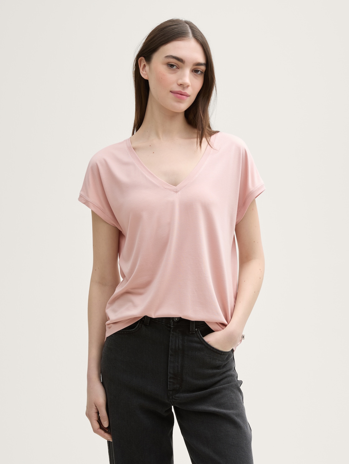 Thumbnail - TOM TAILOR DENIM Damen Loose Fit T-Shirt mit V-Ausschnitt, rosa, Uni, Gr. XXL