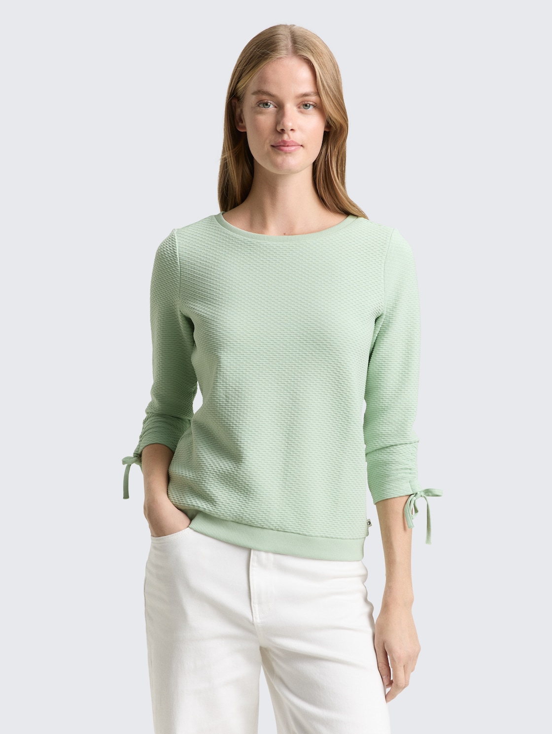 Thumbnail - TOM TAILOR DENIM Damen Slim Fit Sweatshirt mit Raffärmeln, grün, Uni, Gr. S