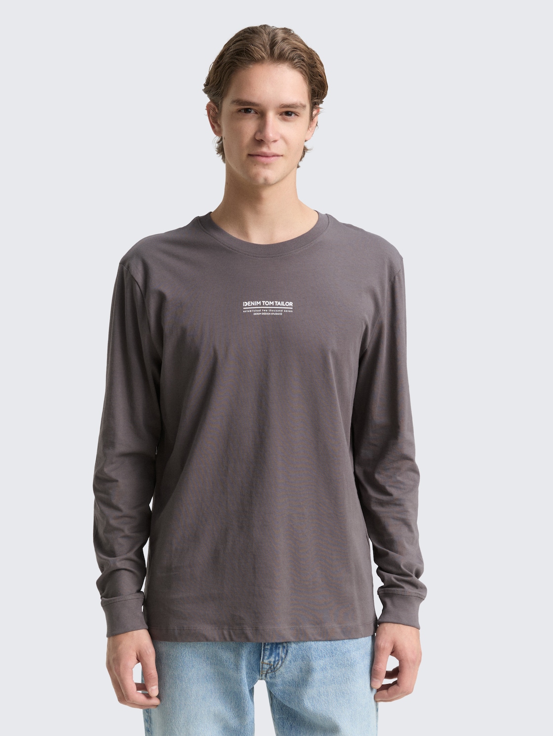 Thumbnail - TOM TAILOR DENIM Herren Langarmshirt mit Logo-Print, grau, Uni, Gr. S