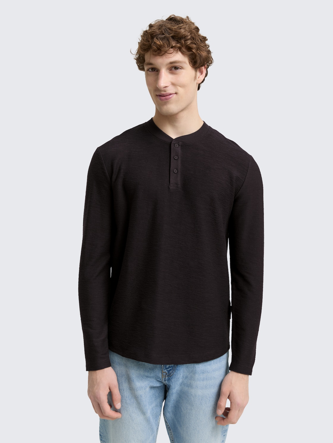 Thumbnail - TOM TAILOR DENIM Herren Henley Langarmshirt, schwarz, Uni, Gr. L