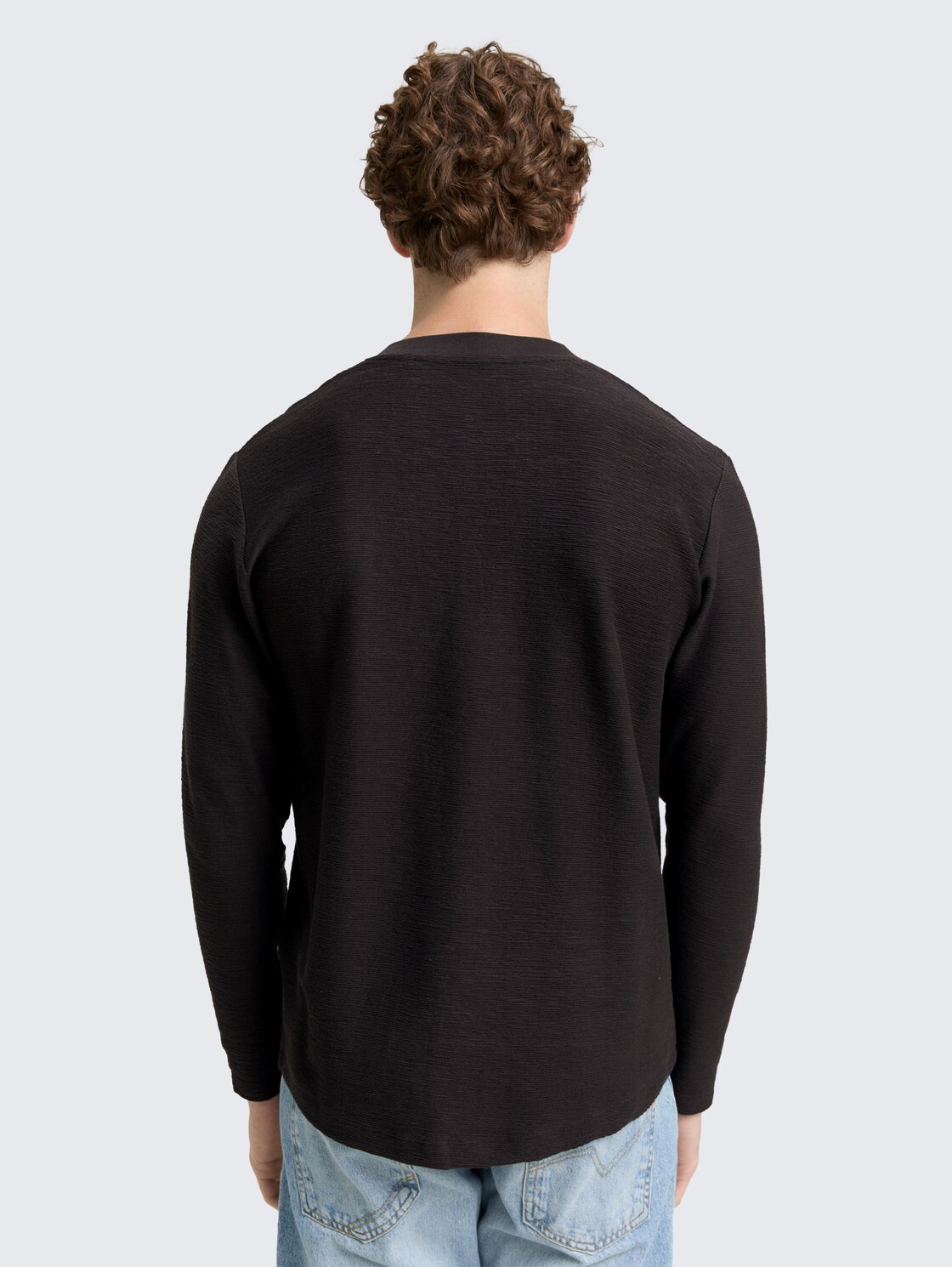 Thumbnail - TOM TAILOR DENIM Herren Henley Langarmshirt, schwarz, Uni, Gr. L