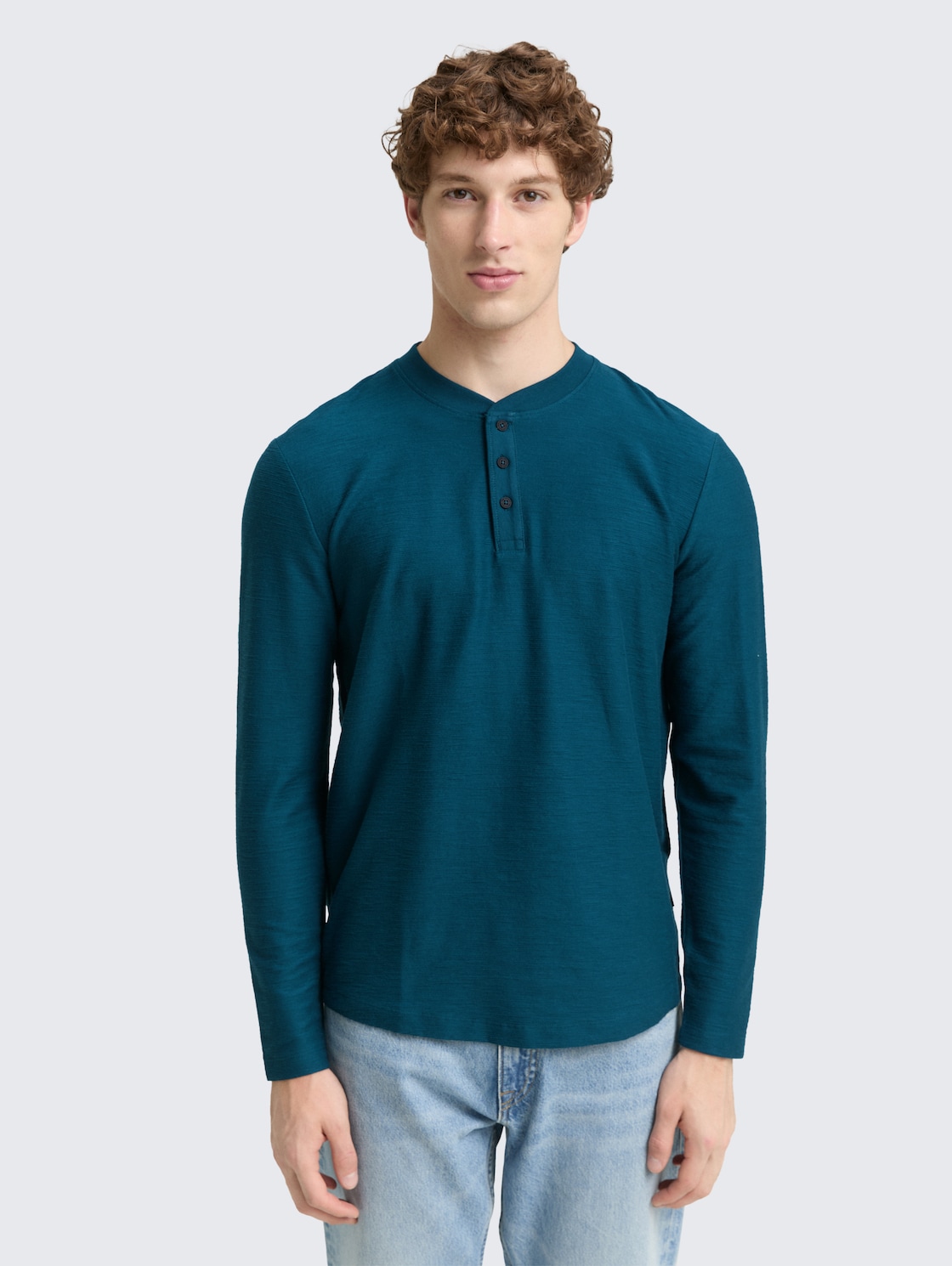 Thumbnail - TOM TAILOR DENIM Herren Henley Langarmshirt, grün, Uni, Gr. M