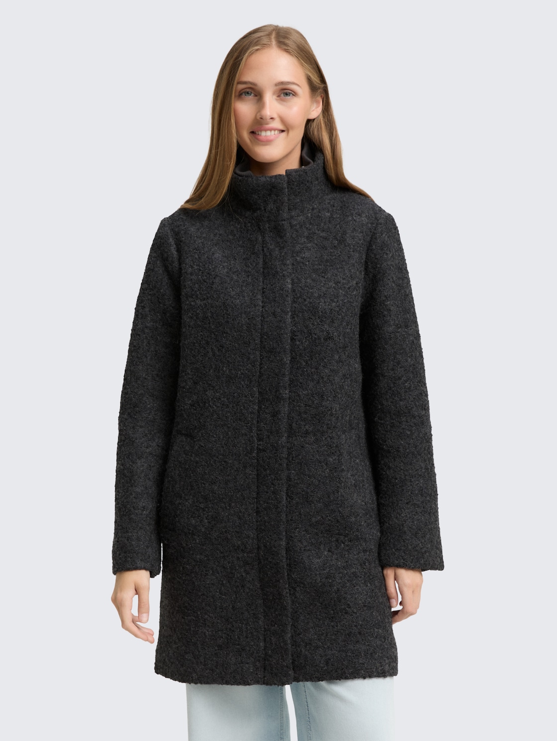 Thumbnail - TOM TAILOR DENIM Damen Bouclé Wollmantel mit Stehkragen, grau, Meliert, Gr. XXL