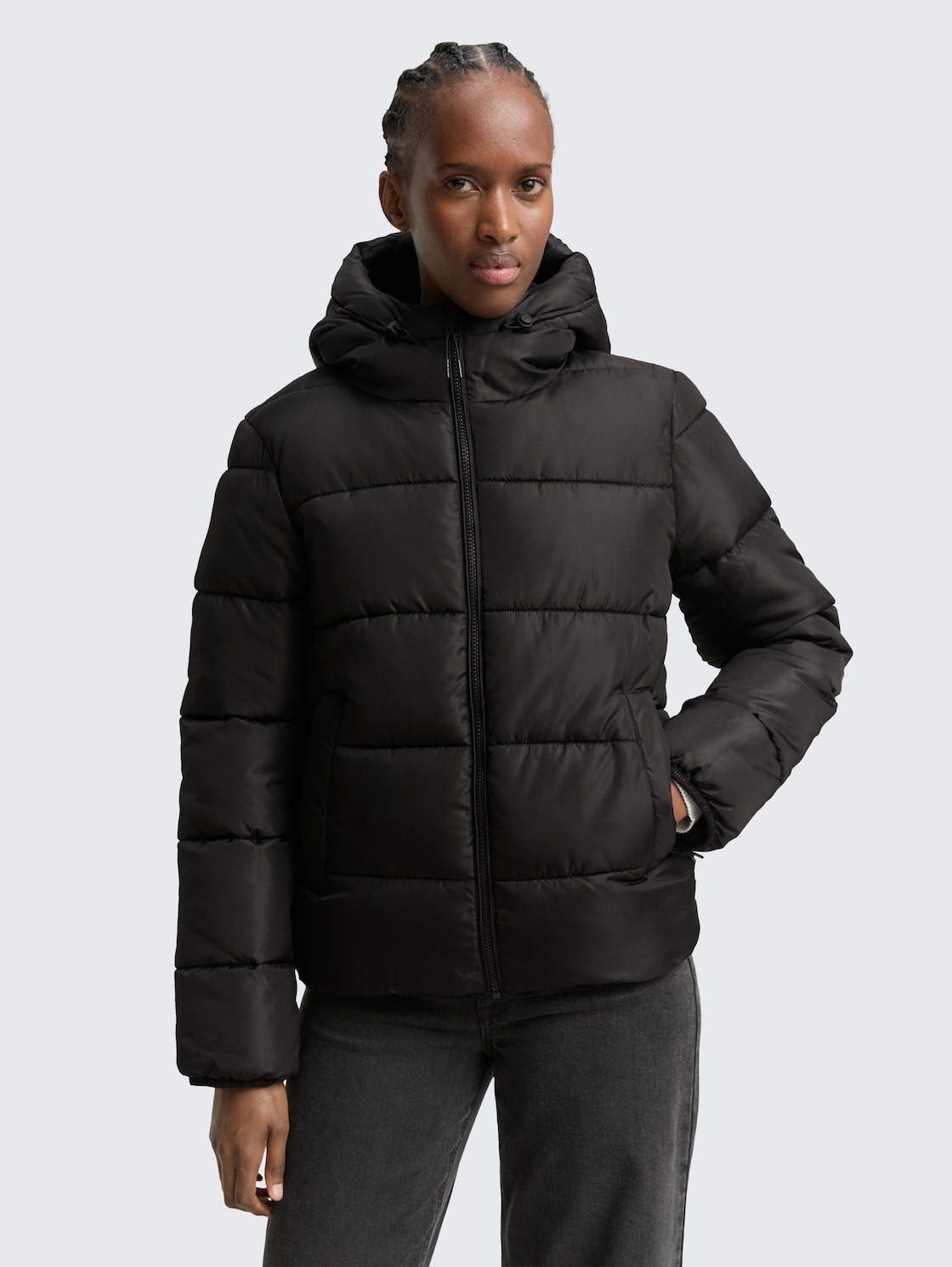 Thumbnail - TOM TAILOR DENIM Damen Puffer-Jacke mit Kapuze, schwarz, Uni, Gr. XS