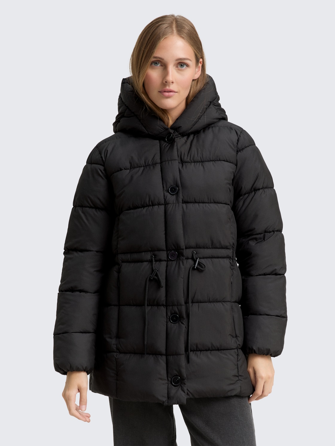 Thumbnail - TOM TAILOR DENIM Damen Puffer-Mantel mit Knopfleiste, schwarz, Uni, Gr. M