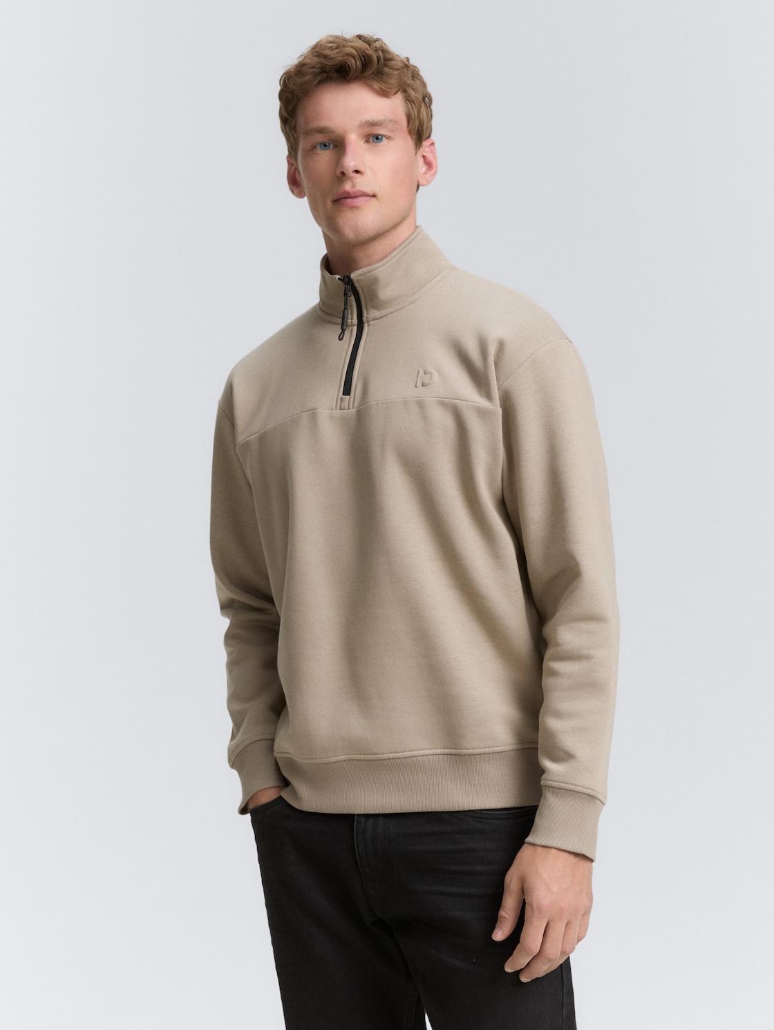 Thumbnail - TOM TAILOR DENIM Herren Troyer Sweatshirt mit Logo-Print, braun, Uni, Gr. XS