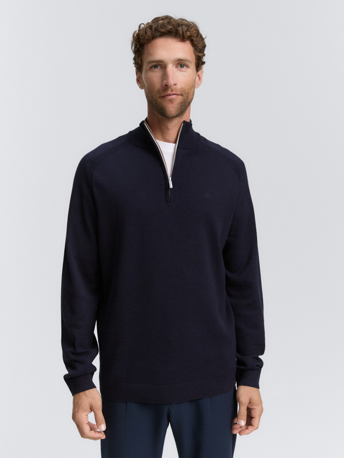 Thumbnail - TOM TAILOR Herren Troyer Strickpullover mit Logo-Stickerei, blau, Meliert, Gr. L