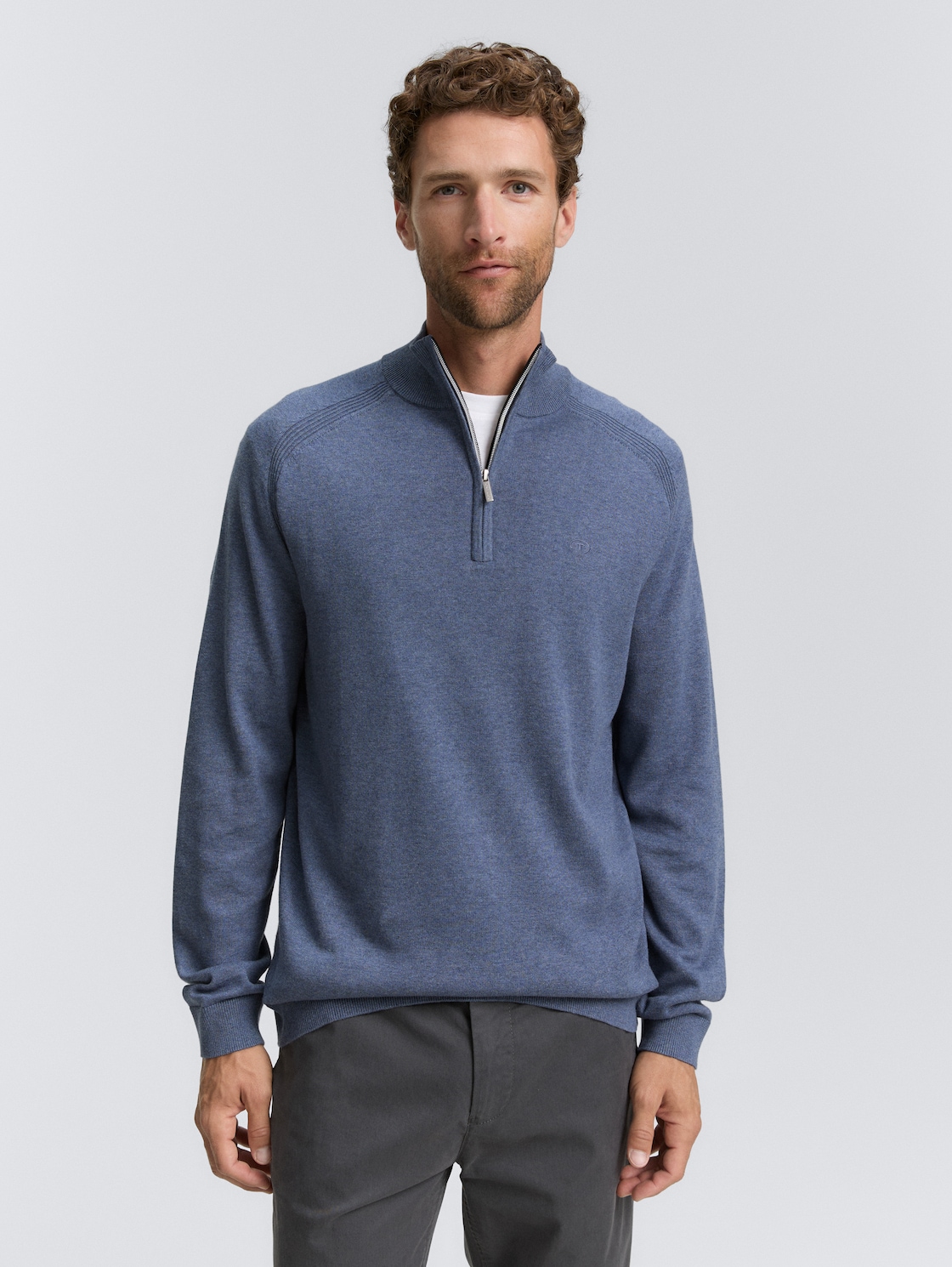 Thumbnail - TOM TAILOR Herren Troyer Strickpullover mit Logo-Stickerei, blau, Meliert, Gr. XXXL