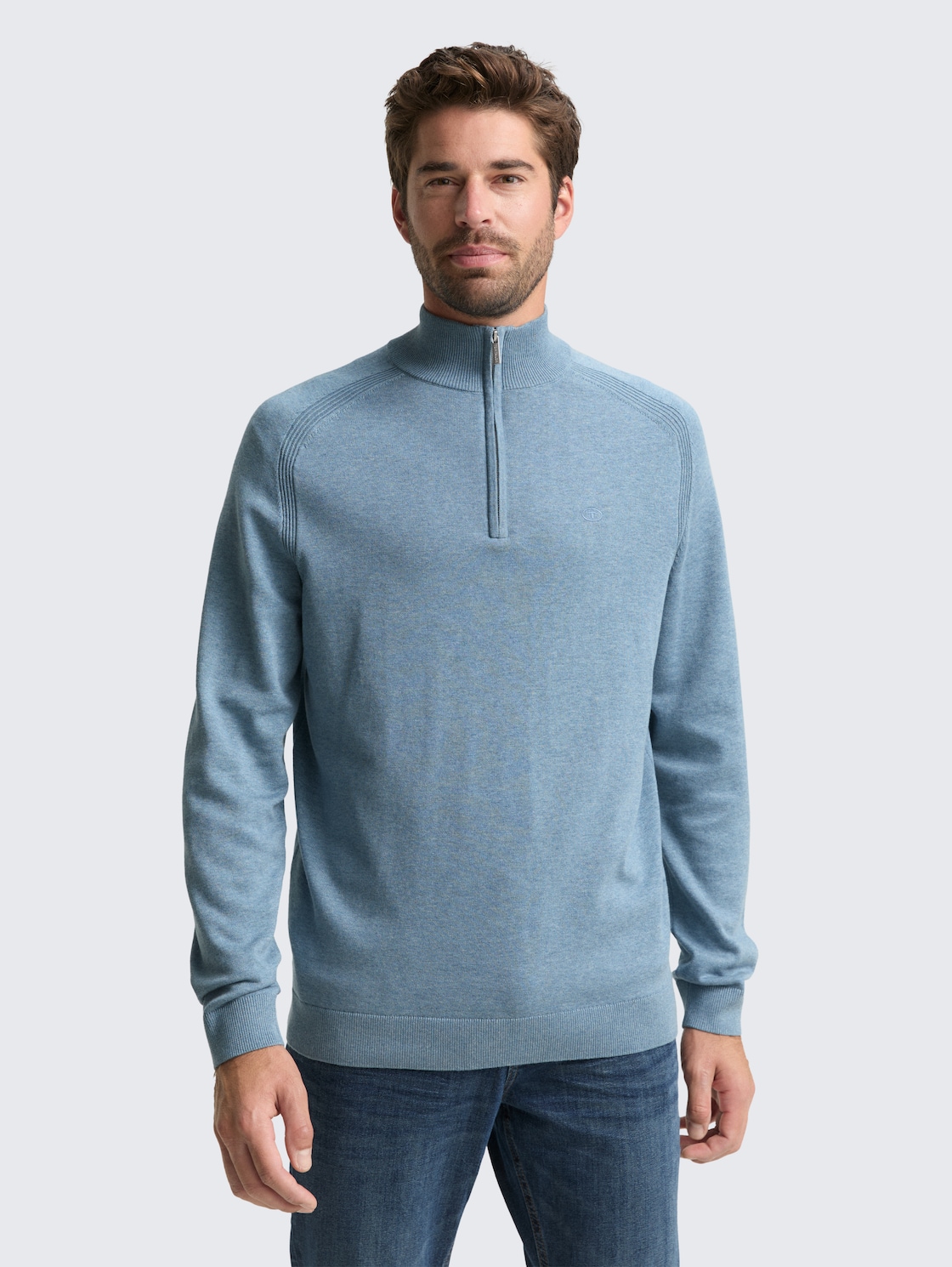 Thumbnail - TOM TAILOR Herren Troyer Strickpullover mit Logo-Stickerei, blau, Meliert, Gr. XXXL