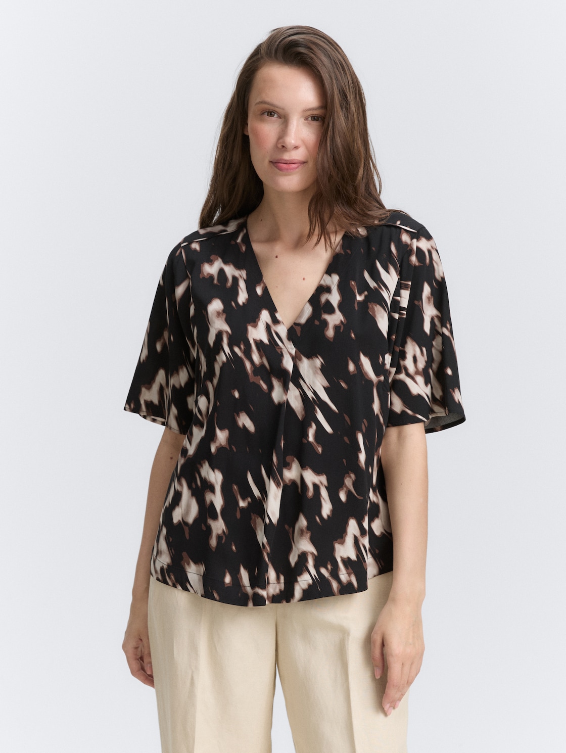 Thumbnail - TOM TAILOR Damen Bluse mit V-Ausschnitt, braun, Animalprint, Gr. 44