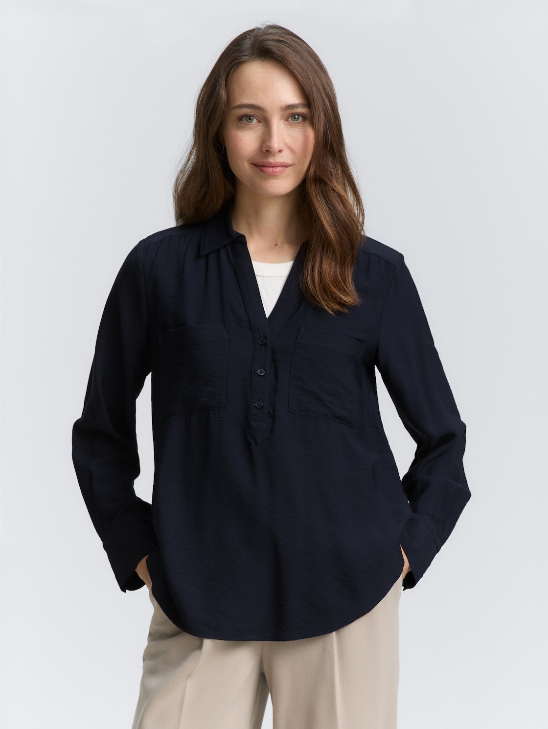 Thumbnail - TOM TAILOR Damen Crinkle Bluse mit Brusttaschen, blau, Uni, Gr. 44