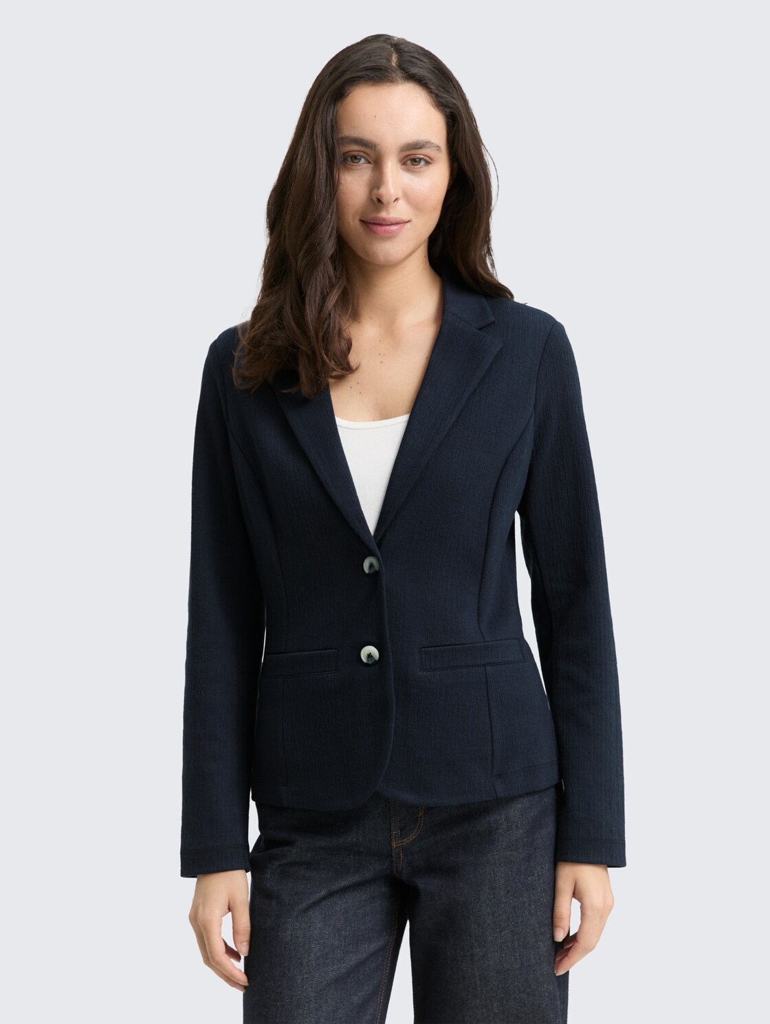 Thumbnail - TOM TAILOR Damen Regular Fit Jacquard Blazer, blau, Uni, Gr. M