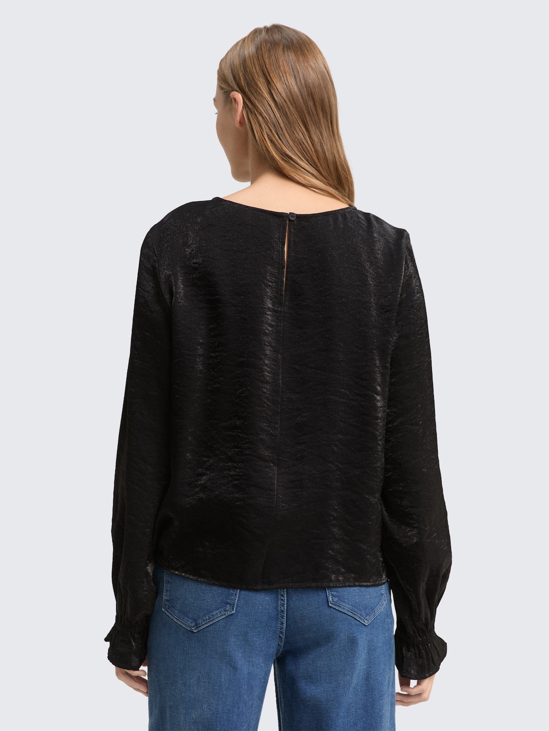 Thumbnail - TOM TAILOR DENIM Damen Loose Fit Bluse in Satin-Optik, schwarz, Uni, Gr. S