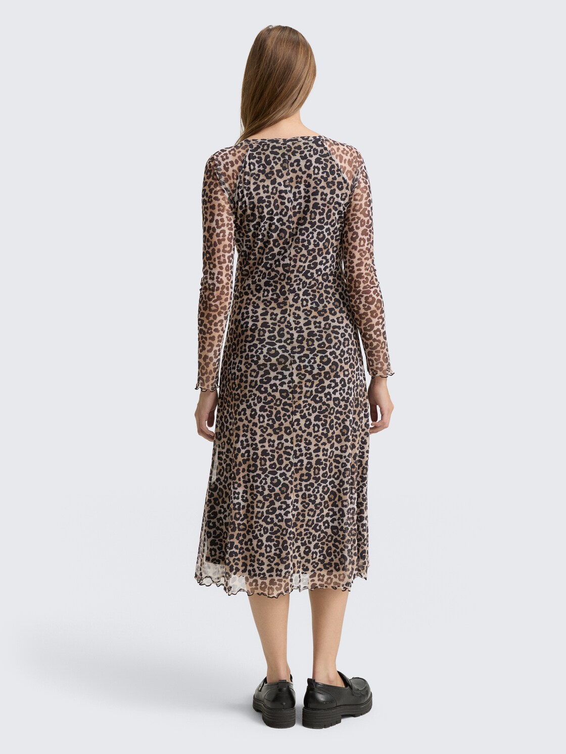 Thumbnail - TOM TAILOR DENIM Damen Mesh Midi-Kleid mit Muster, braun, Animalprint, Gr. M