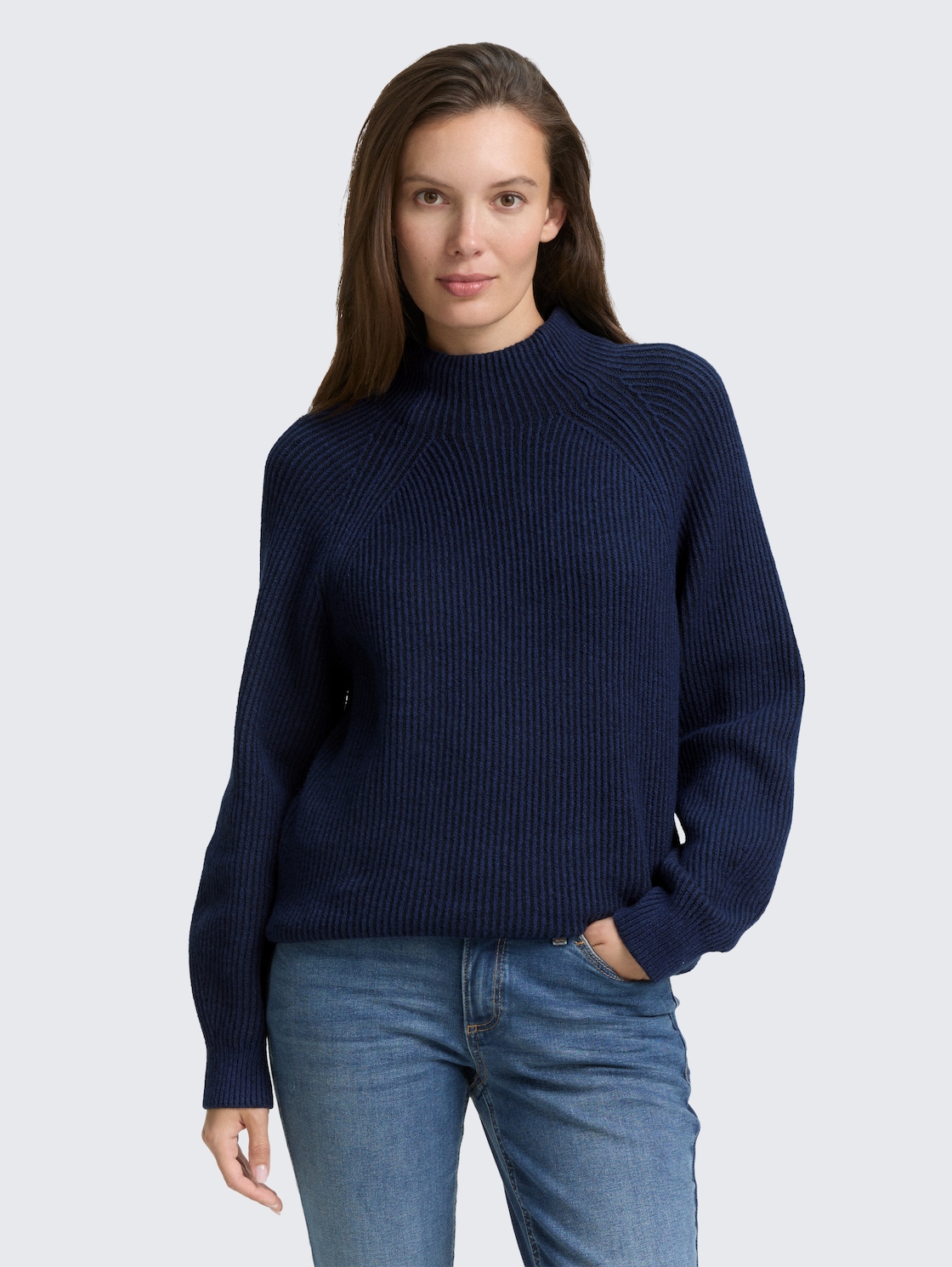 Thumbnail - TOM TAILOR Damen Loose Fit Strickpullover mit Stehkragen, blau, Uni, Gr. S