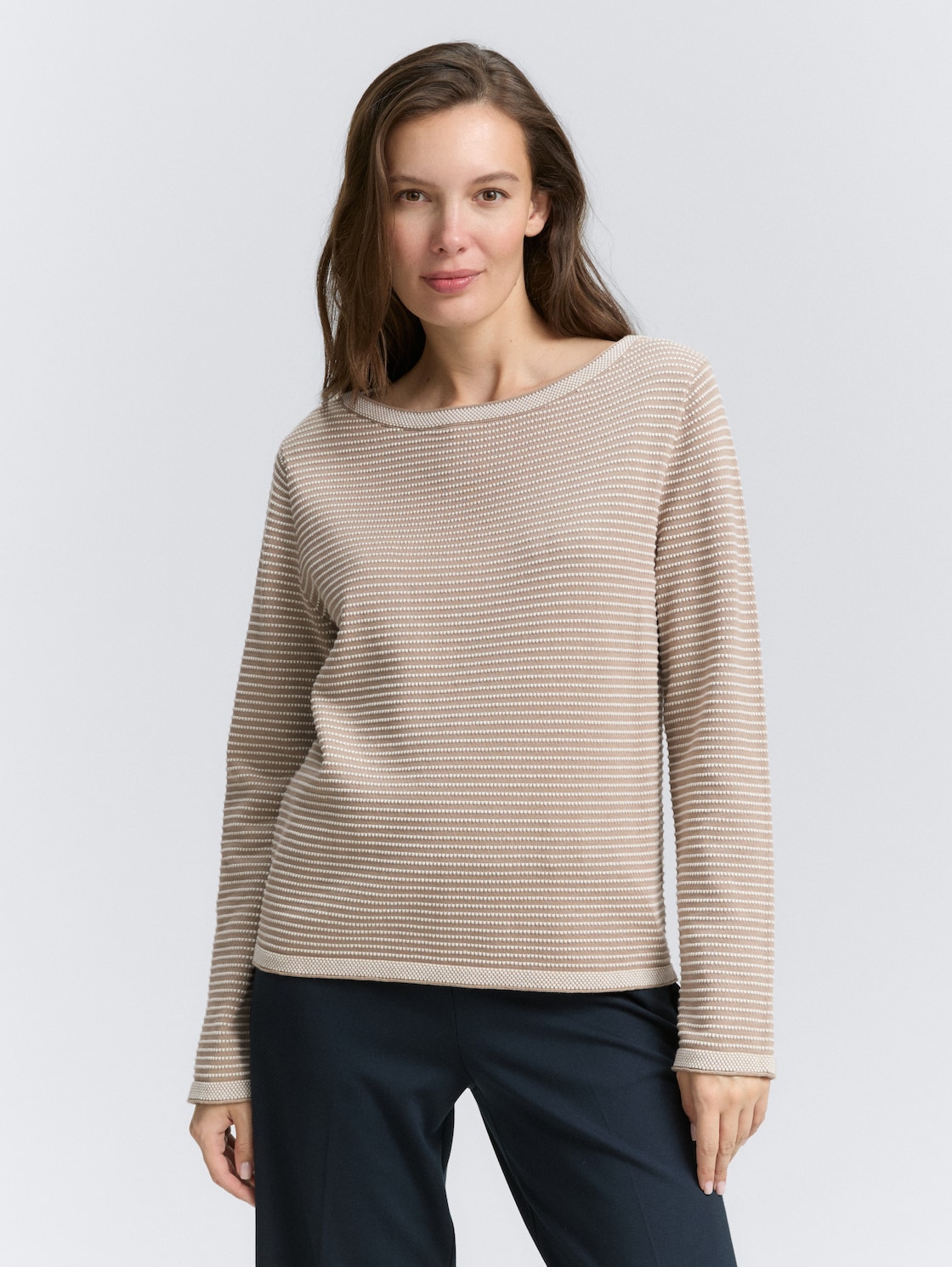 Thumbnail - TOM TAILOR Damen Strickpullover mit U-Boot-Ausschnitt, beige, Gestreift, Gr. S
