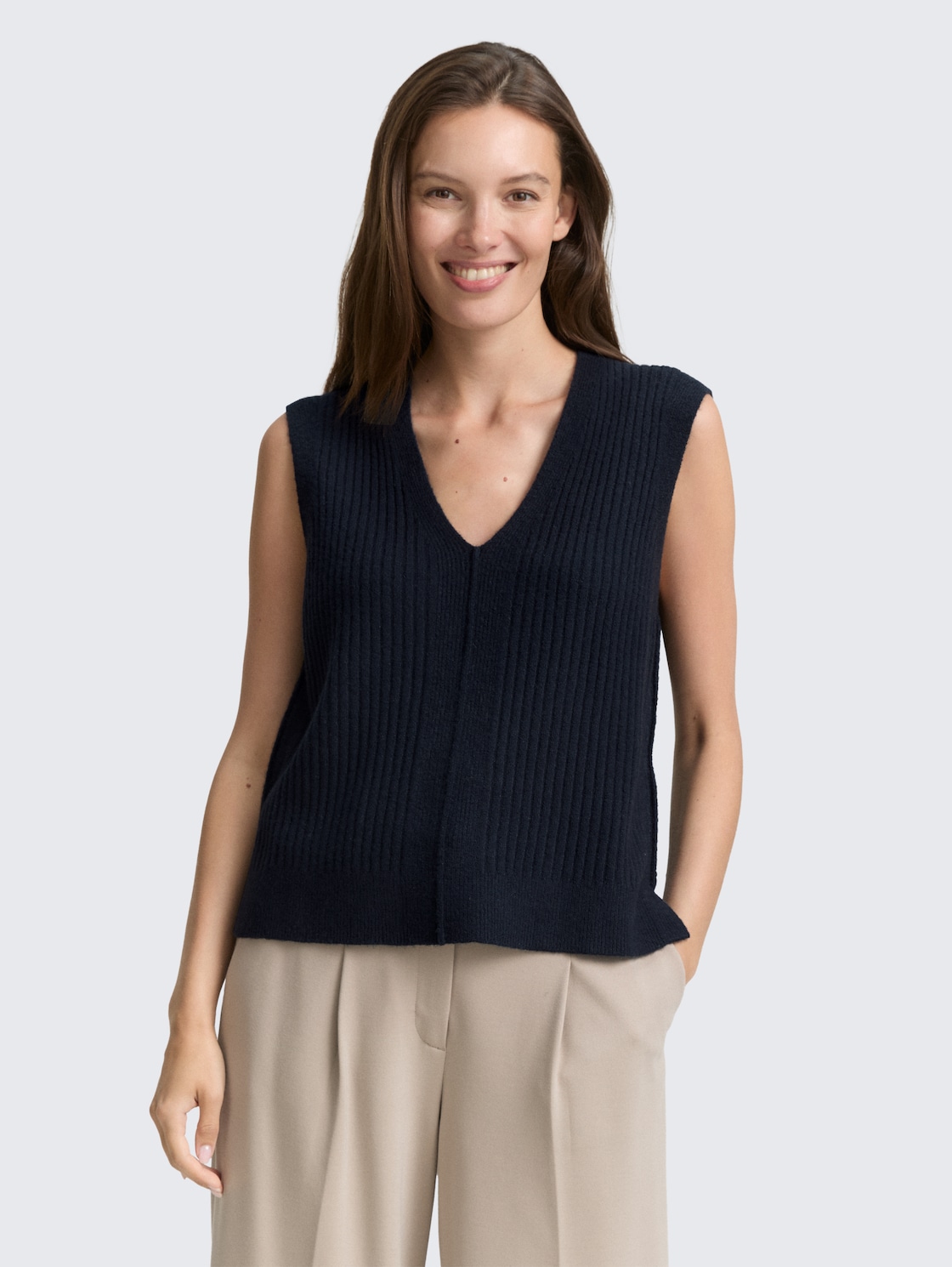 Thumbnail - TOM TAILOR Damen Ripp Pullunder mit V-Ausschnitt, blau, Uni, Gr. M