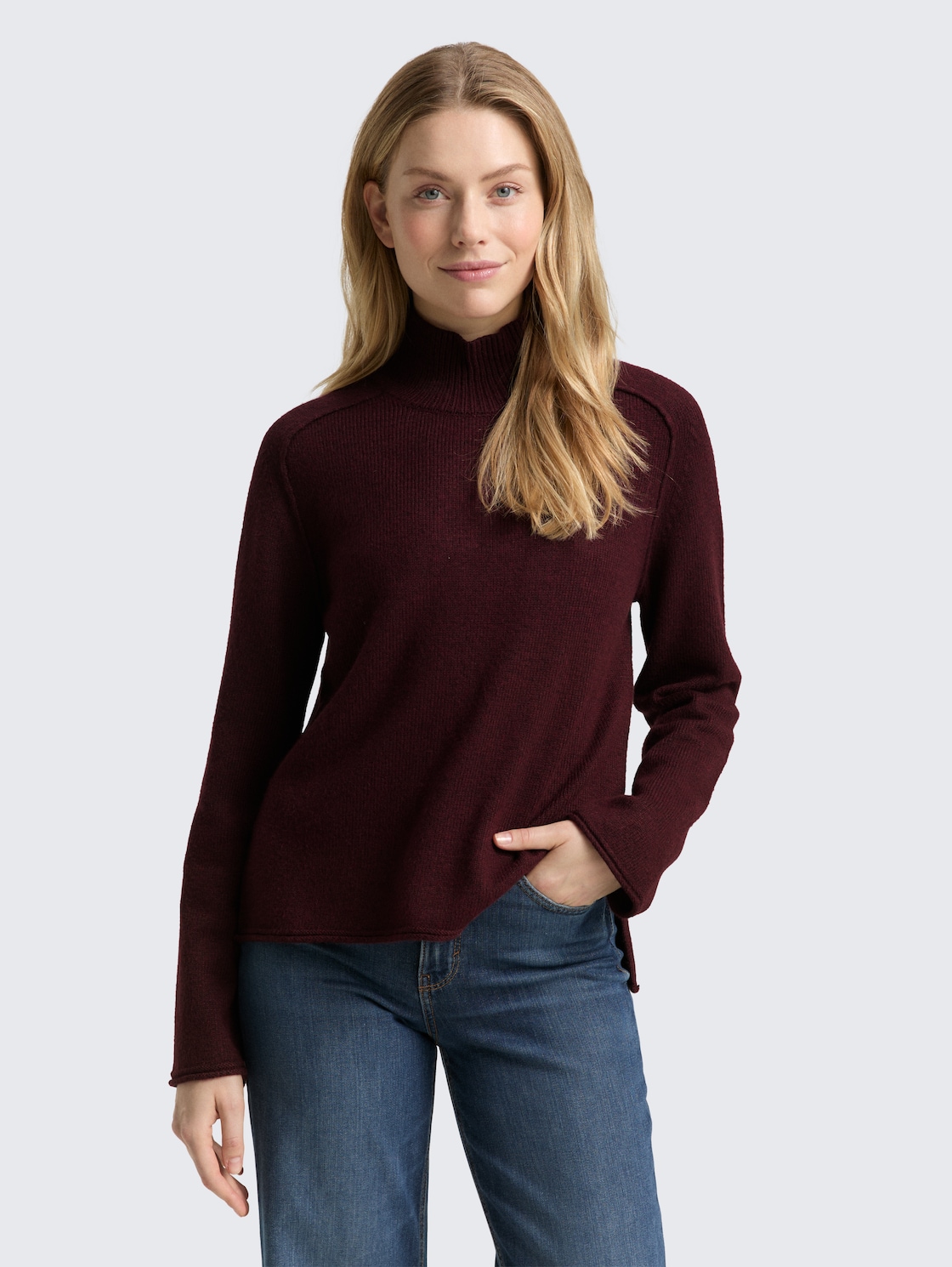 Thumbnail - TOM TAILOR Damen Loose Fit Strickpullover mit Stehkragen, rot, Meliert, Gr. L