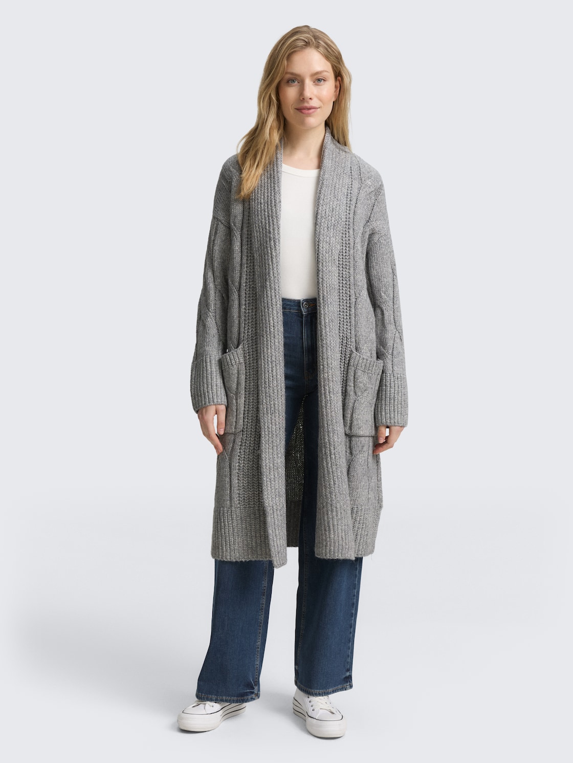 Thumbnail - TOM TAILOR Damen Loose Fit Cardigan mit Zopfmuster, grau, Meliert, Gr. M