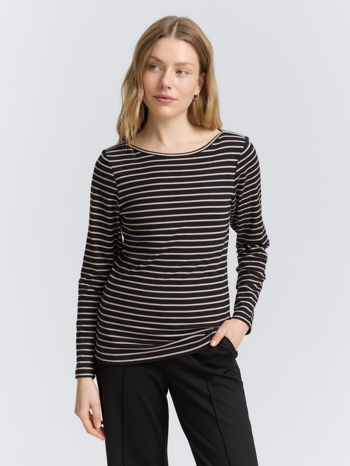 Thumbnail - TOM TAILOR Damen Langarmshirt mit Streifenmuster, schwarz, Gestreift, Gr. L