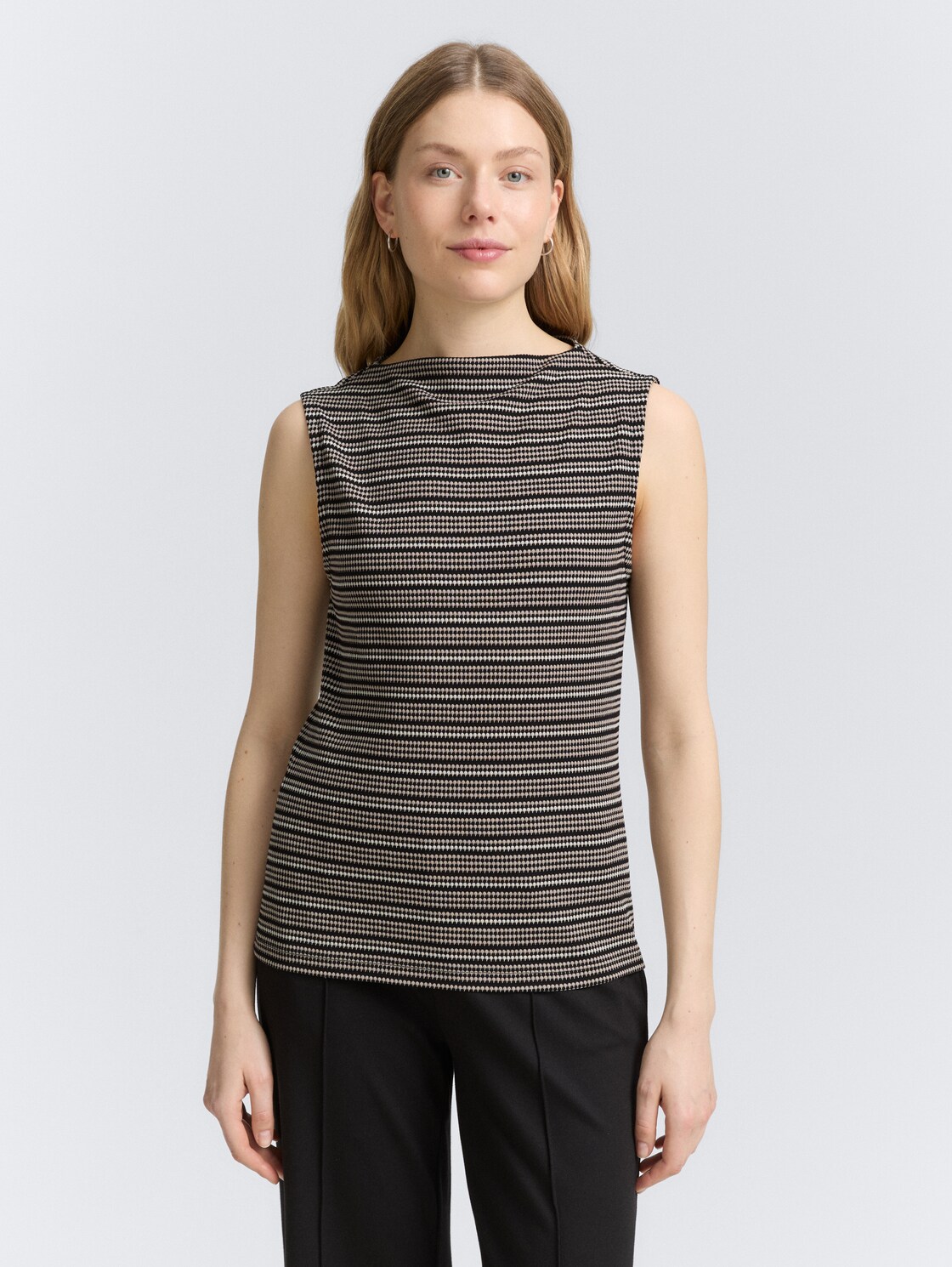 Thumbnail - TOM TAILOR Damen Jacquard Top mit Stehkragen, schwarz, Gestreift, Gr. XL