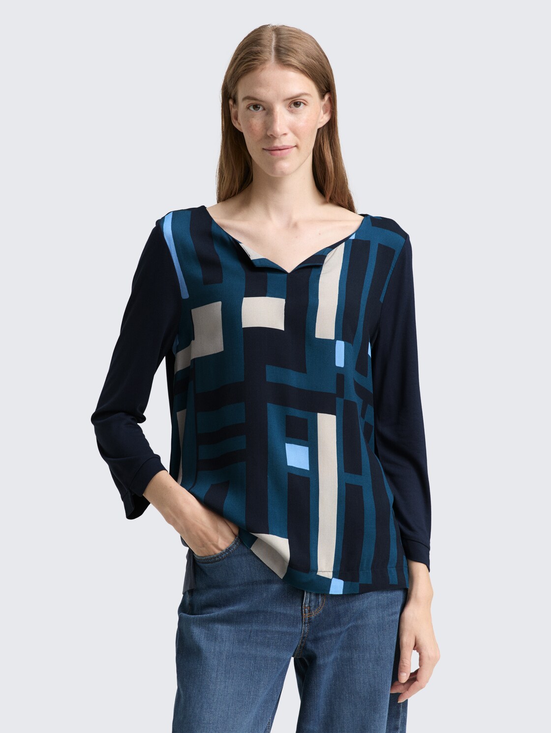 Thumbnail - TOM TAILOR Damen Langarmshirt im Material-Mix, blau, Gemustert, Gr. L