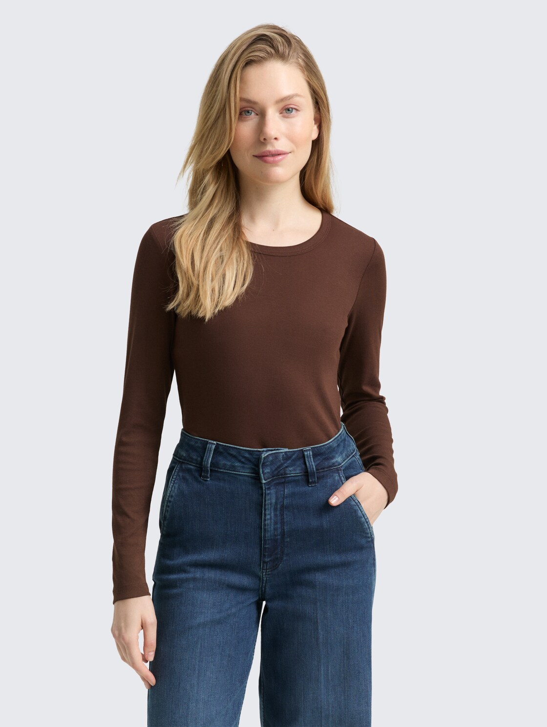 Thumbnail - TOM TAILOR Damen Basic Slim Fit Langarmshirt, braun, Uni, Gr. L