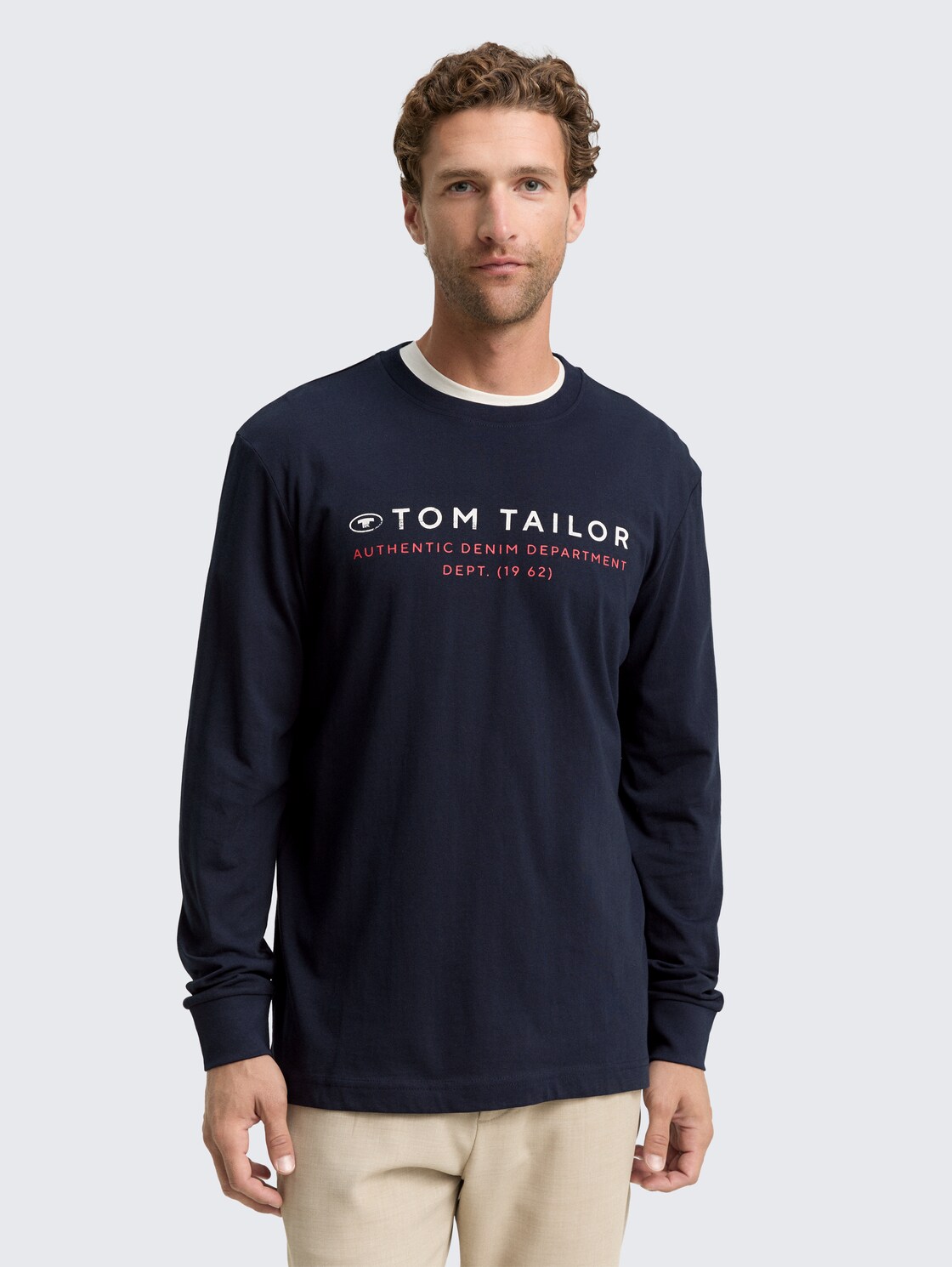 Thumbnail - TOM TAILOR Herren Langarmshirt mit Logo-Print, blau, Uni, Gr. L
