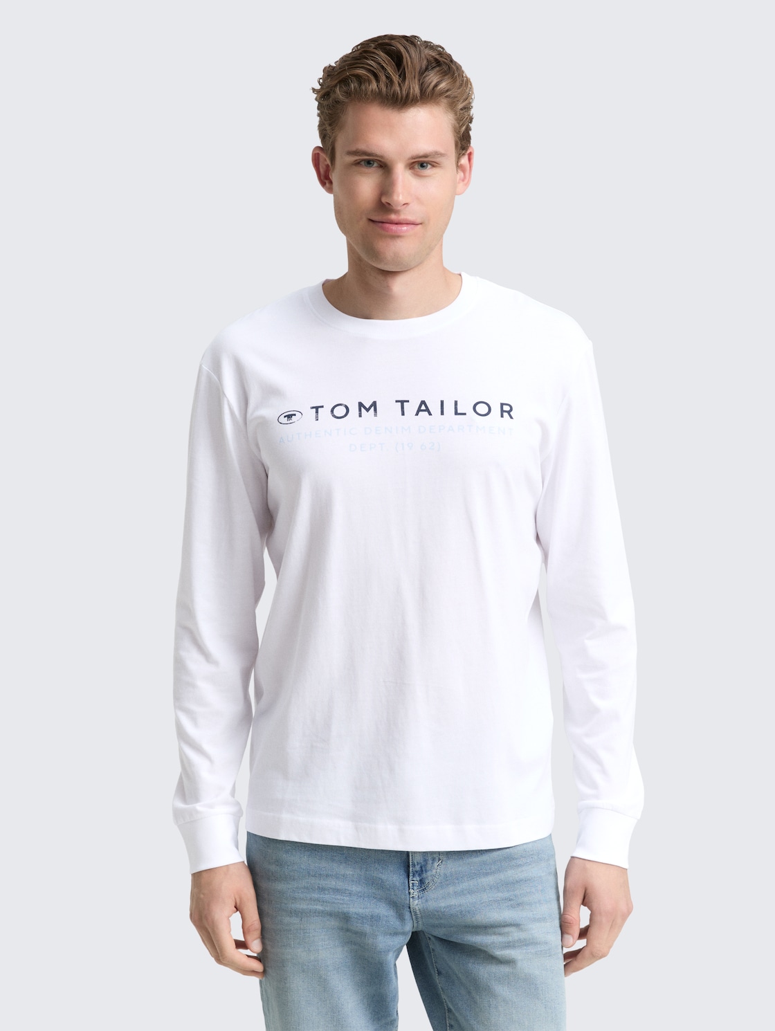 Thumbnail - TOM TAILOR Herren Langarmshirt mit Logo-Print, weiß, Uni, Gr. XXXL