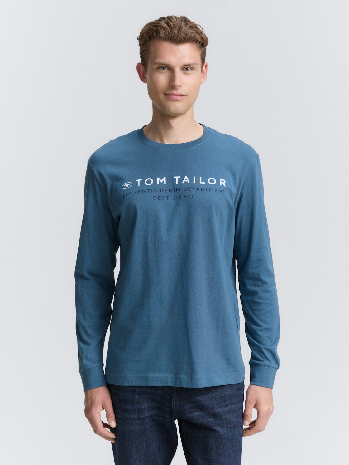 Thumbnail - TOM TAILOR Herren Langarmshirt mit Logo-Print, blau, Uni, Gr. XXL