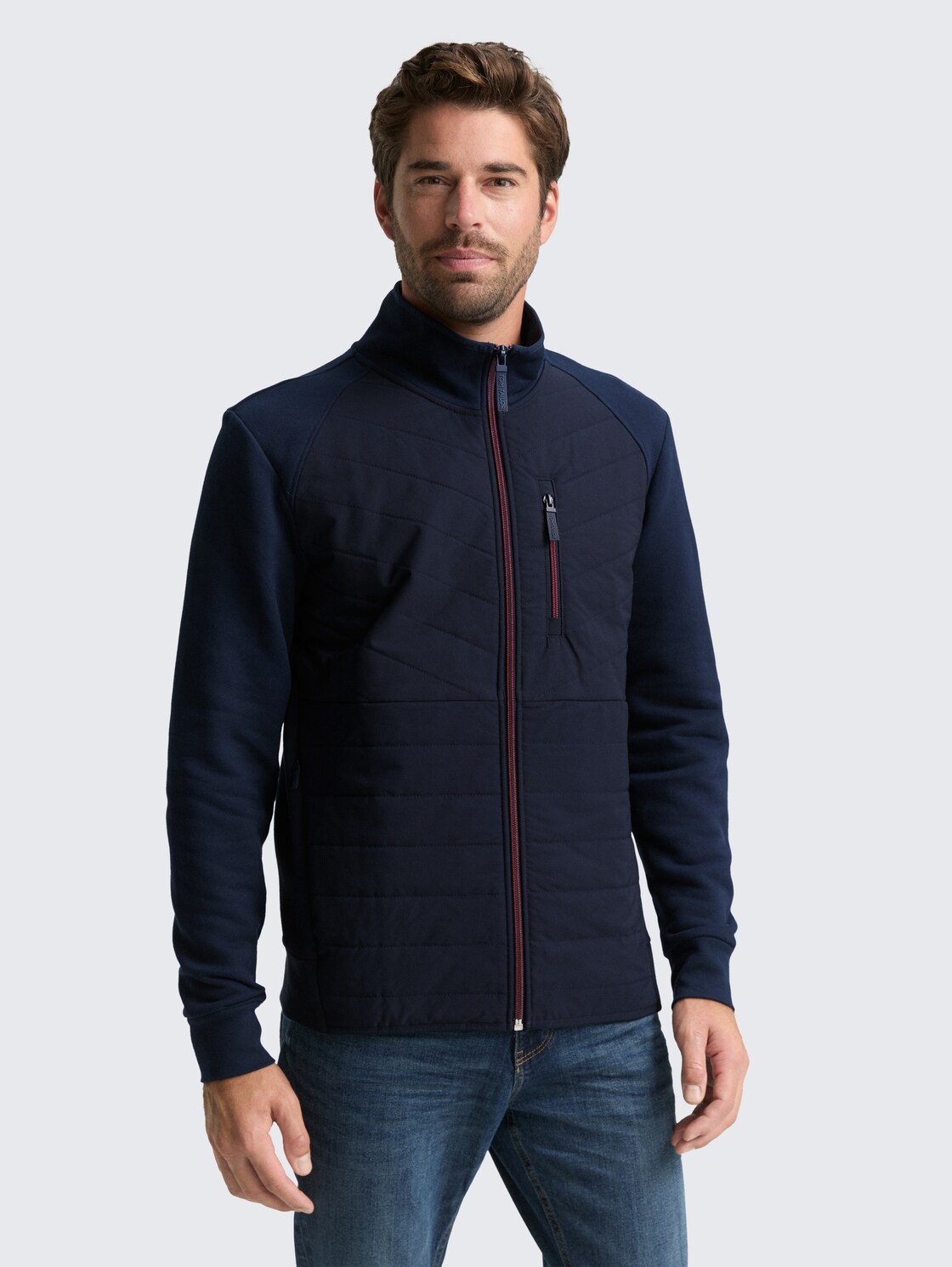 Thumbnail - TOM TAILOR Herren Hybrid Sweatjacke mit Steppung, blau, Uni, Gr. XXXL
