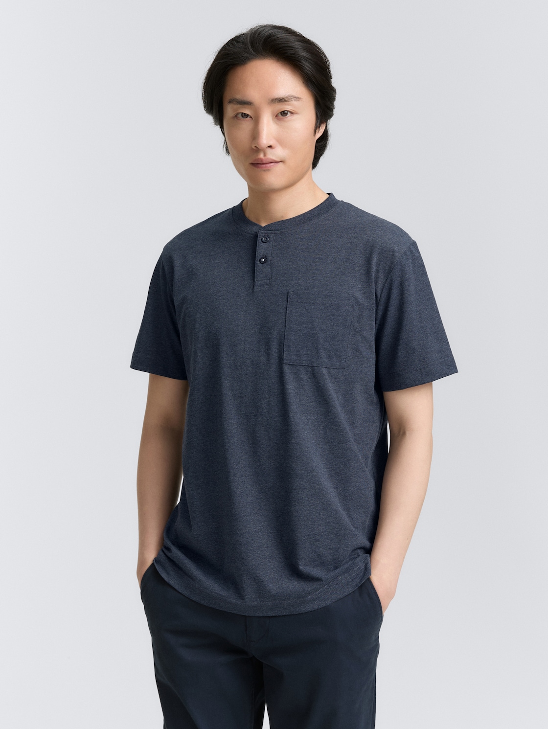 Thumbnail - TOM TAILOR Herren Henley T-Shirt mit Brusttasche, blau, Meliert, Gr. L