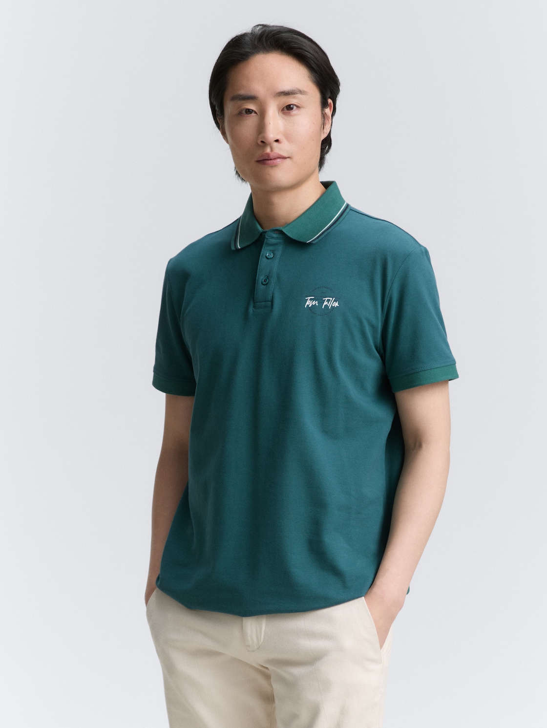 Thumbnail - TOM TAILOR Herren Piqué Poloshirt mit prünt, grün, Uni, Gr. XL
