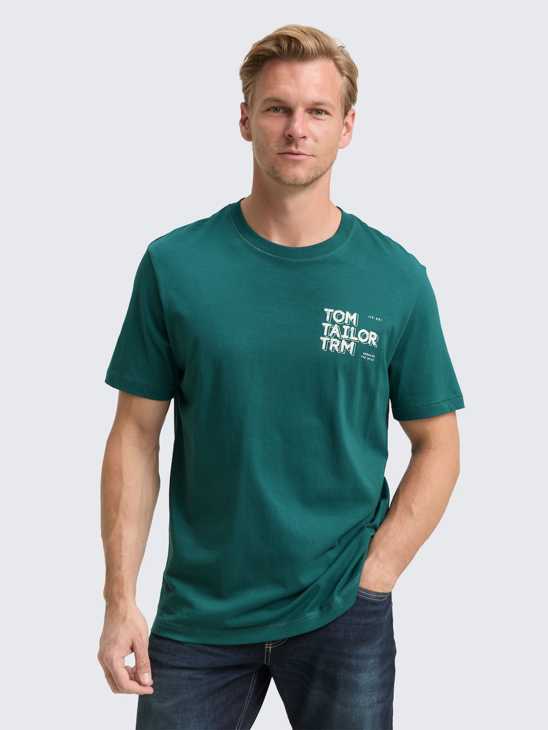 Thumbnail - TOM TAILOR Herren T-Shirt mit Print, grün, Uni, Gr. XXL