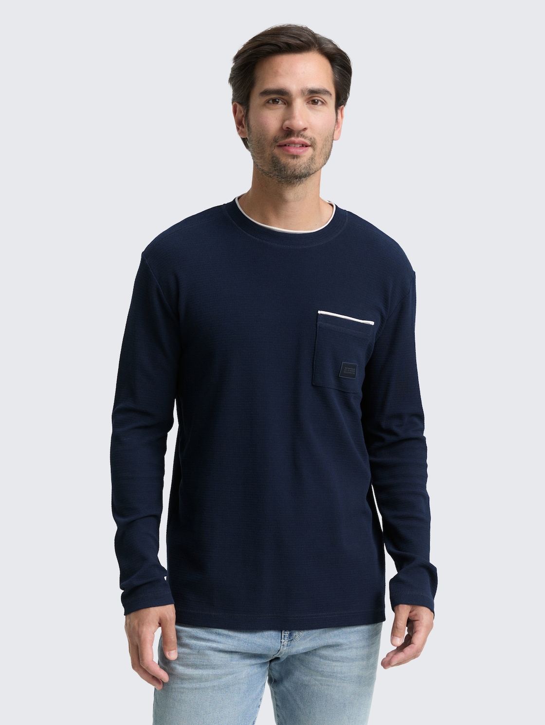Thumbnail - TOM TAILOR Herren 2-in-1 Langarmshirt aus Baumwolle, blau, Uni, Gr. M