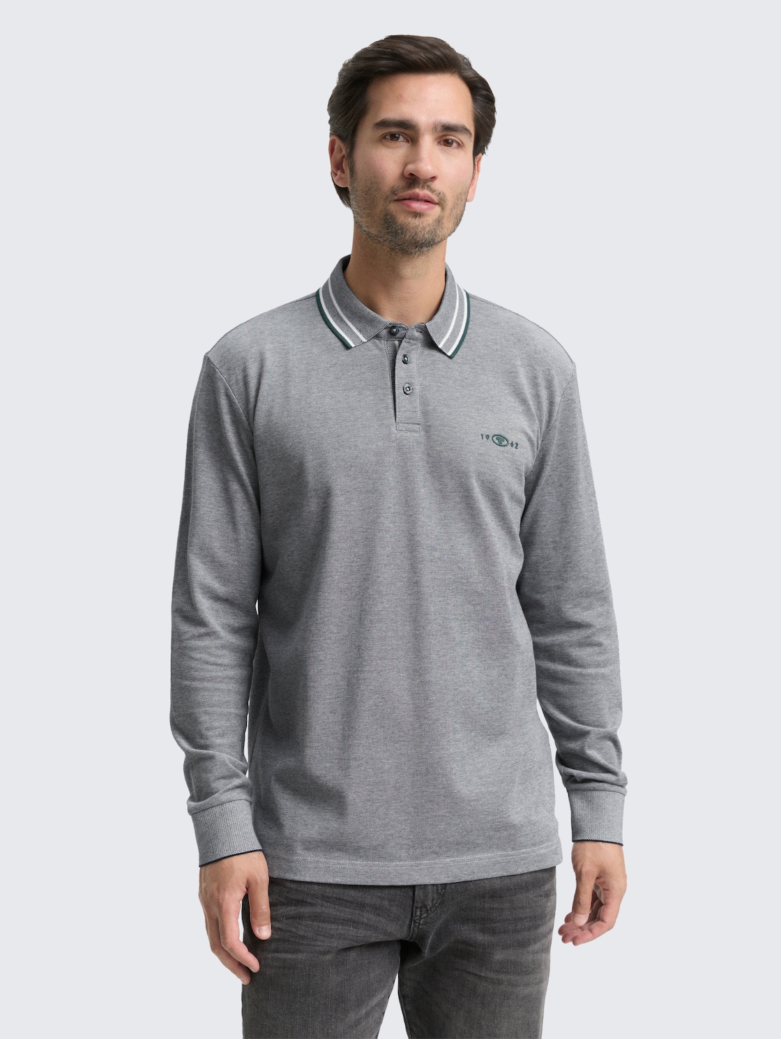 Thumbnail - TOM TAILOR Herren Langarm Piqué Poloshirt mit Logo-Print, blau, Meliert, Gr. XL