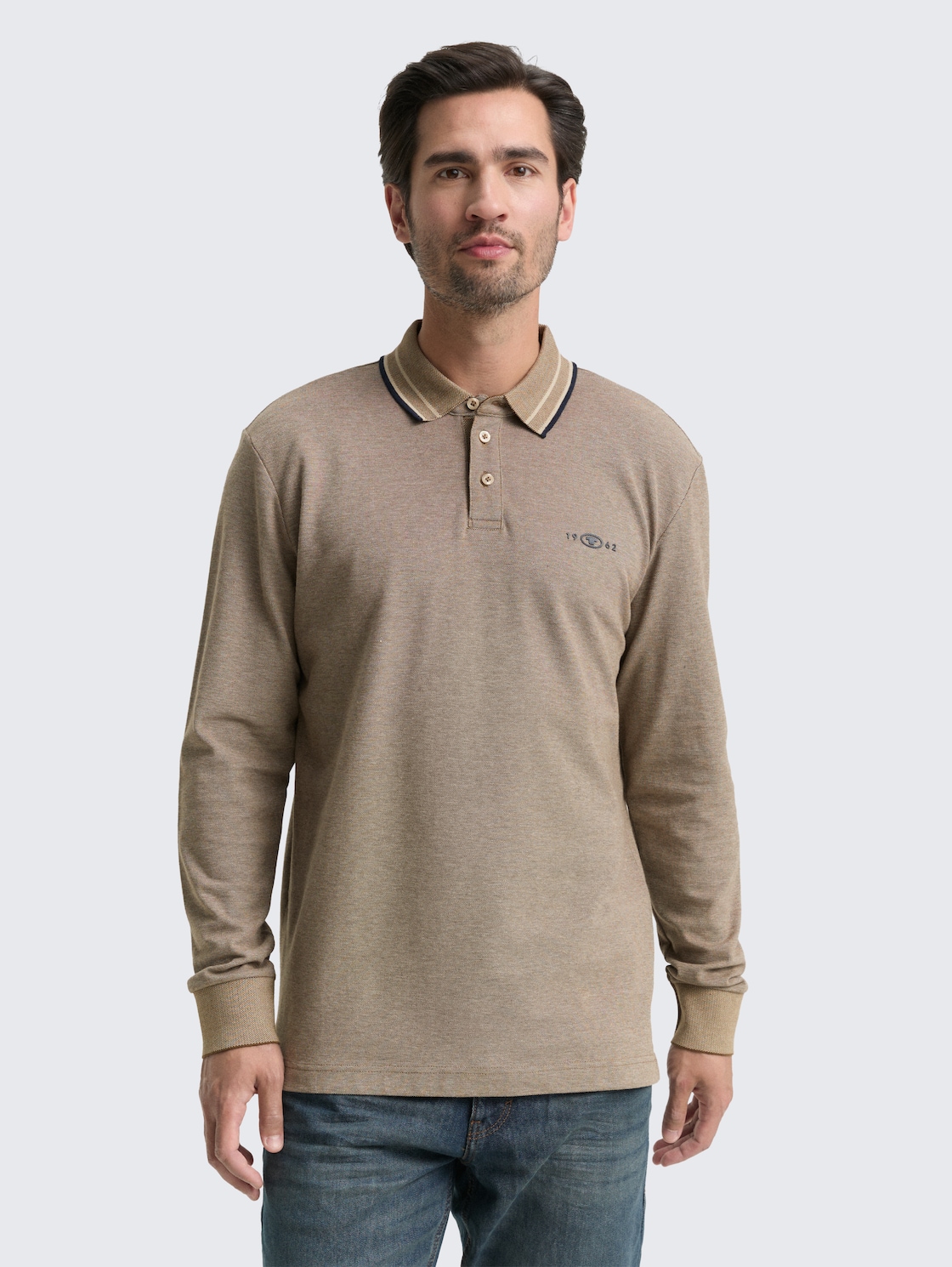 Thumbnail - TOM TAILOR Herren Langarm Piqué Poloshirt mit Logo-Print, braun, Meliert, Gr. M