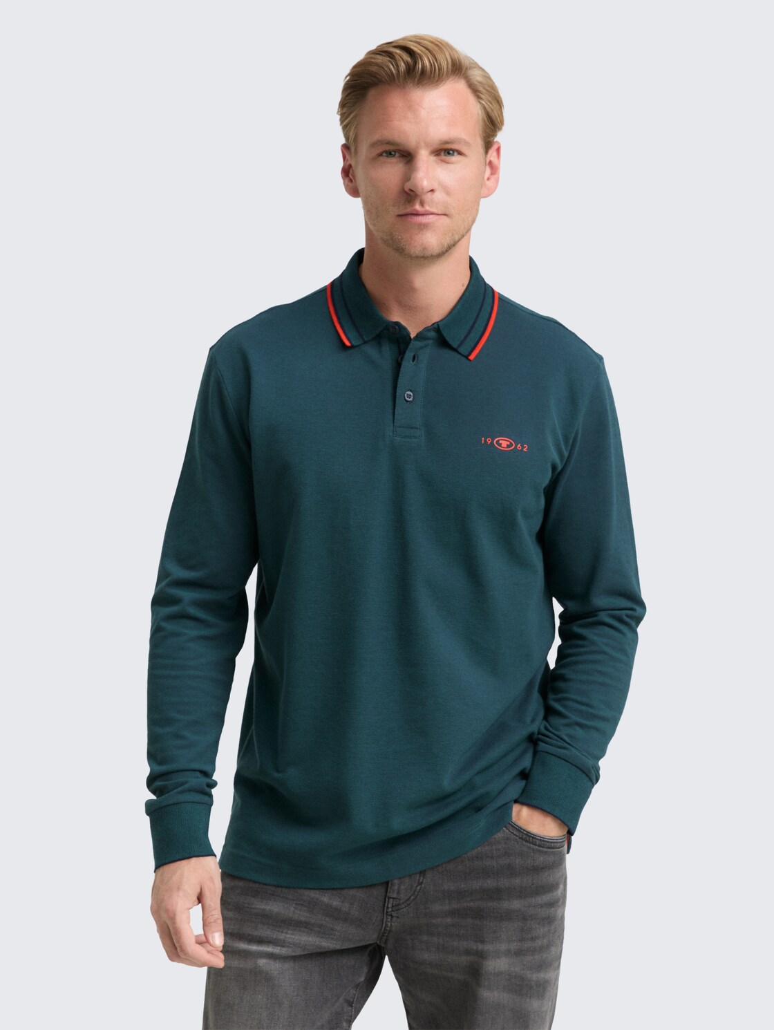 Thumbnail - TOM TAILOR Herren Langarm Piqué Poloshirt mit Logo-Print, grün, Meliert, Gr. XXL