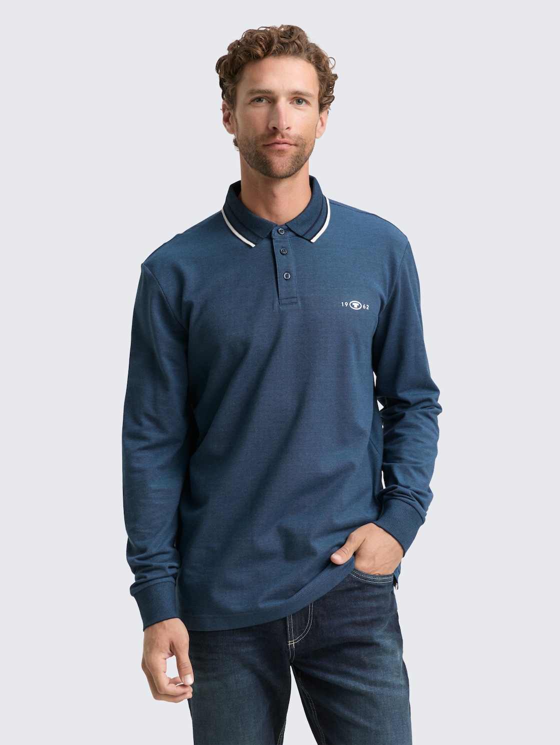 Thumbnail - TOM TAILOR Herren Langarm Piqué Poloshirt mit Logo-Print, blau, Meliert, Gr. M