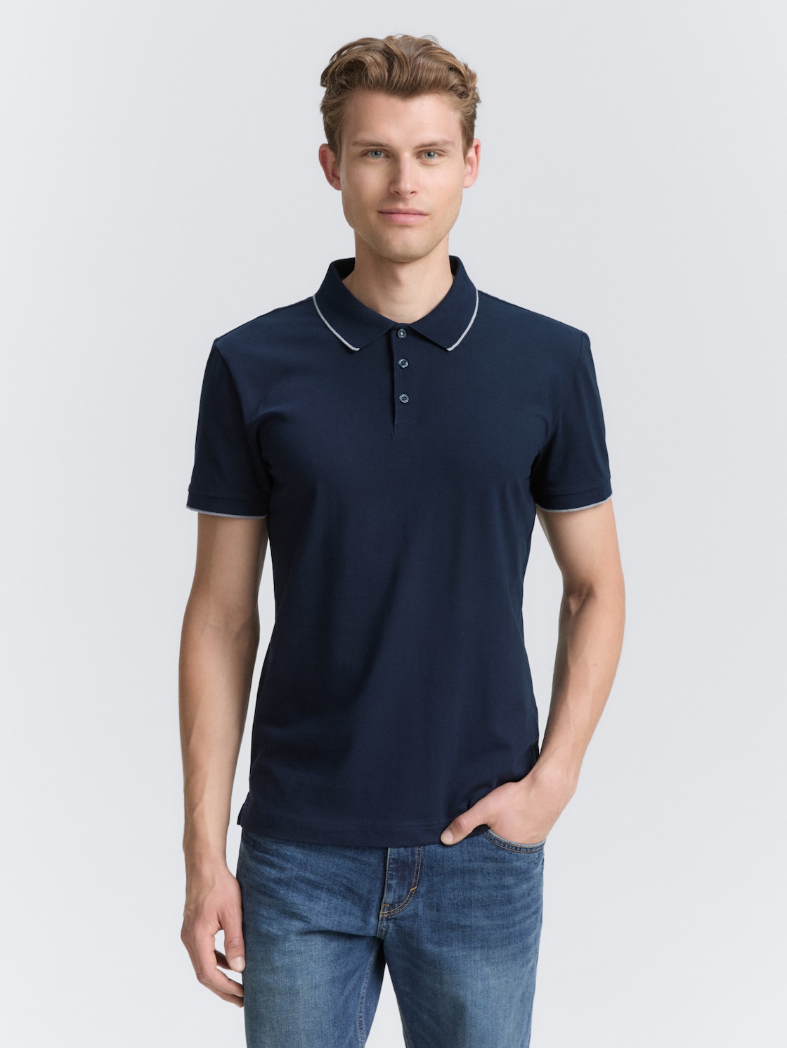 Thumbnail - TOM TAILOR Herren Slim Fit Jersey Poloshirt mit Stretch, blau, Uni, Gr. L