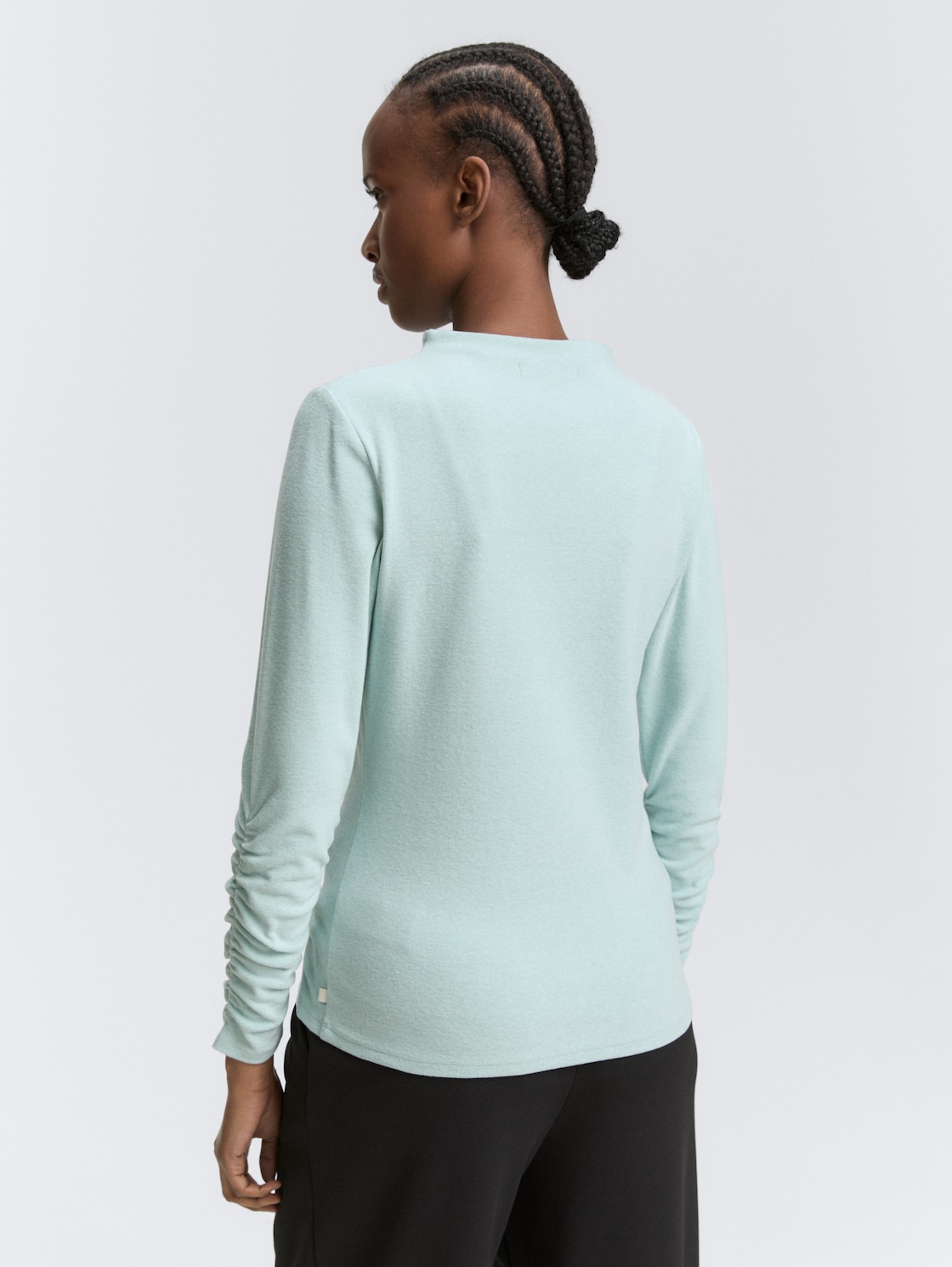 Thumbnail - TOM TAILOR DENIM Damen Langarmshirt mit Raffärmeln, blau, Meliert, Gr. L