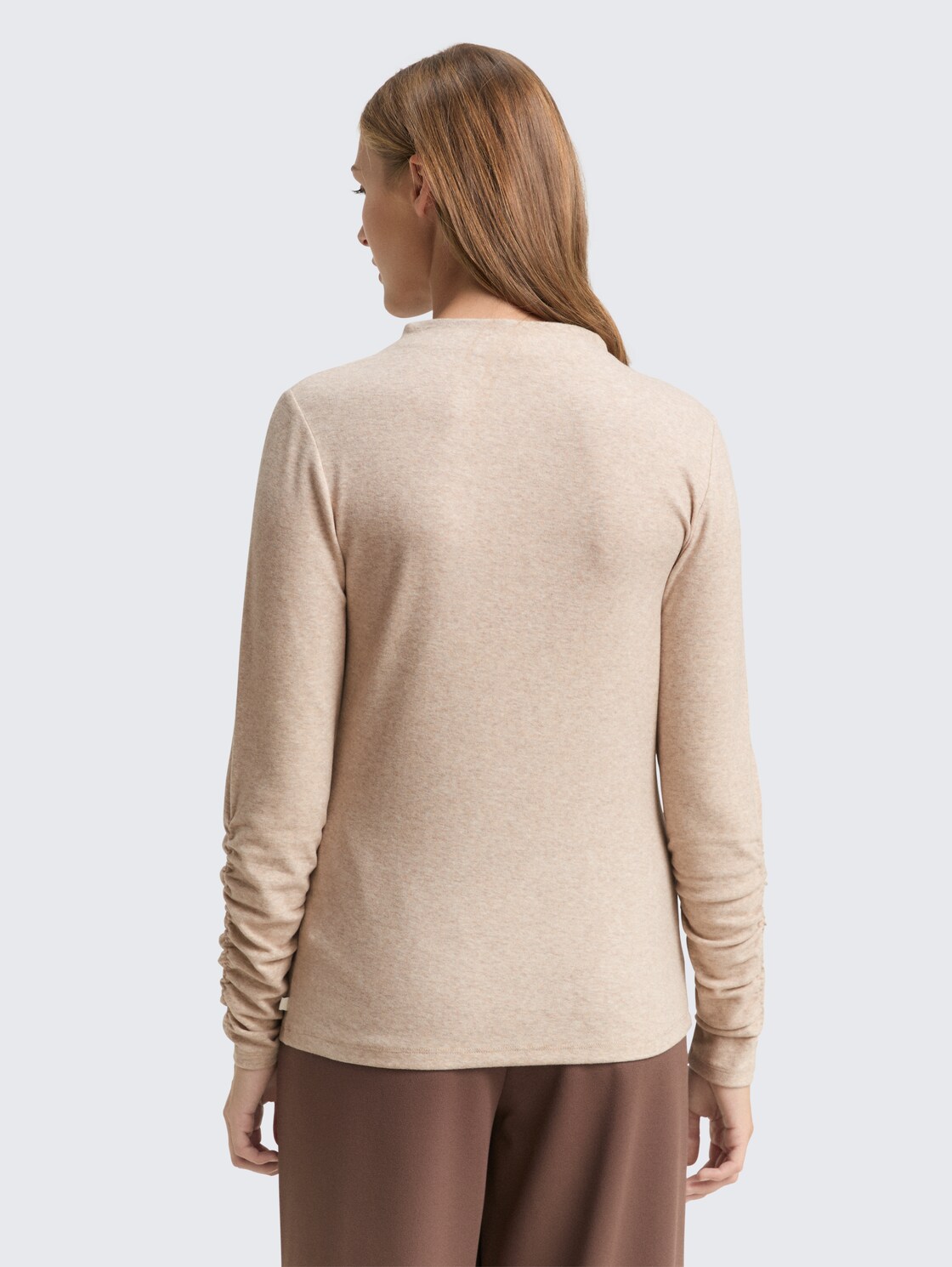 Thumbnail - TOM TAILOR DENIM Damen Langarmshirt mit Raffärmeln, beige, Meliert, Gr. XL